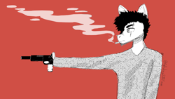 Size: 1920x1080 | Tagged: safe, artist:itzdatag0ndray, oc, oc only, species:anthro, clothing, ear fluff, gun, handgun, long sleeves, male, pistol, red background, scar, simple background, smoking, solo, suppressor, weapon