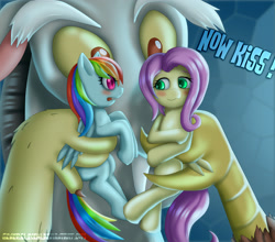 Size: 3780x3333 | Tagged: safe, artist:generalecchi, character:discord, character:fluttershy, character:rainbow dash, ship:flutterdash, blushing, chaos, discord the shipper, female, forced shipping, lesbian, lesbian in front of boys, male, now kiss, shipper on deck, shipping, signature, text, tiny ponies