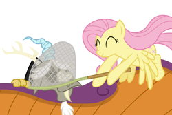 Size: 6000x4000 | Tagged: safe, artist:spottedlions, character:discord, character:fluttershy, species:pony, episode:discordant harmony, g4, my little pony: friendship is magic, absurd resolution, butterfly net, duo, eyes closed, female, male, mare, net, smiling