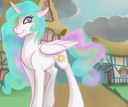 Size: 2000x1667 | Tagged: safe, artist:mylittlegodzilla, character:princess celestia, species:alicorn, species:pony, cloud, female, looking at you, mare, missing accessory, ponyville, smiling, solo