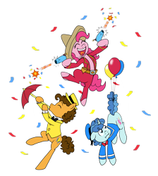 Size: 2805x3125 | Tagged: safe, artist:crazynutbob, character:cheese sandwich, character:party favor, character:pinkie pie, species:pony, balloon, confetti, crossover, donald duck, hand cannon, high res, jose carioca, panchito pistoles, party cannon, party trio, the three caballeros, umbrella