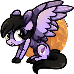 Size: 890x880 | Tagged: safe, artist:amberpone, oc, oc only, species:pegasus, species:pony, adult, angry, big ears, black, brown, brown eyes, commission, cutie mark, digital, digital art, expression, female, full body, grumpy, hair, hooves, looking up, mane, mare, orange background, original style, paint tool sai, painttoolsai, purple, shading, short hair, simple background, sitting, tail, transparent background, wings