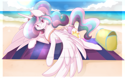 Size: 1024x640 | Tagged: safe, artist:twisted-sketch, character:princess celestia, species:alicorn, species:pony, beach, beach towel, clothing, female, looking at you, ocean, one-piece swimsuit, open-back swimsuit, print, prone, solo, swimsuit, towel, watermark