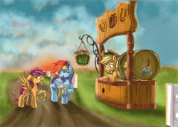 Size: 1400x1000 | Tagged: safe, artist:redheadfly, character:applejack, character:rainbow dash, character:scootaloo, species:earth pony, species:pegasus, species:pony, apple cider (drink), cider, clothing, cowboy hat, dirt path, female, hat, hoof hold, open mouth, scenery, sour, stall, stetson