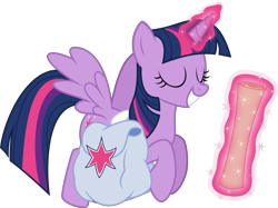 Size: 1445x1080 | Tagged: safe, artist:iknowpony, character:twilight sparkle, character:twilight sparkle (alicorn), species:alicorn, species:pony, episode:the hooffields and mccolts, g4, my little pony: friendship is magic, .svg available, eyes closed, female, flying, glowing horn, grin, hooves, horn, levitation, magic, mare, saddle bag, scroll, simple background, smiling, solo, spread wings, telekinesis, transparent background, vector, wings
