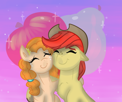 Size: 1200x1000 | Tagged: safe, artist:mylittlegodzilla, character:bright mac, character:pear butter, species:earth pony, species:pony, ship:brightbutter, episode:the perfect pear, g4, my little pony: friendship is magic, clothing, cowboy hat, cute, female, hat, husband and wife, male, mare, nuzzling, shipping, stallion, stetson, straight