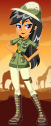 Size: 237x579 | Tagged: safe, artist:unicornsmile, character:daring do, equestria girls:movie magic, g4, my little pony: equestria girls, my little pony:equestria girls, spoiler:eqg specials, chestnut magnifico, clothing, elephant, eyeshadow, female, giraffe, hat, looking at you, makeup, silhouette, smiling, solo, starsue