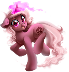 Size: 1570x1650 | Tagged: safe, artist:meotashie, oc, oc only, oc:crona, species:pony, species:unicorn, commission, female, glowing horn, magic, mare, simple background, smiling, solo, transparent background