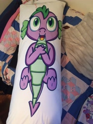 Size: 2448x3264 | Tagged: safe, artist:chiptunebrony, character:barb, character:spike, species:dragon, baby dragon, barbabetes, body pillow, body pillow design, cute, female, irl, looking at you, lying down, on back, photo, pillowcase, rule 63, rule63betes, smiling, solo