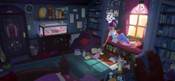 Size: 2367x1100 | Tagged: safe, artist:ajvl, character:spike, character:spike (dog), character:twilight sparkle, character:twilight sparkle (scitwi), species:dog, species:eqg human, my little pony:equestria girls, bedroom, book, clock, clothing, computer, crystal prep academy uniform, detailed background, door, drink, feet, female, fish tank, food, glasses, hair bun, human coloration, laptop computer, mug, pajamas, paper, plushie, room, school uniform, sci-twi's room, trash can, trophy, tumblr nose, water bottle, window