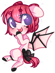 Size: 819x1081 | Tagged: safe, artist:shiromidorii, oc, oc only, oc:blood garter, species:bat pony, species:pony, chibi, female, mare, simple background, solo, tongue out, transparent background