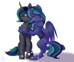 Size: 2400x2000 | Tagged: safe, artist:mah521, oc, oc only, oc:firefly, oc:philia agape armet, parent:queen chrysalis, parent:shining armor, parents:chrysaluna, parents:shining chrysalis, species:changeling, species:changepony, kindverse, changeling oc, half-siblings, high res, hug, hybrid, interspecies offspring, offspring, simple background, white background