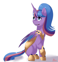 Size: 3400x3600 | Tagged: safe, artist:mah521, oc, oc only, oc:dawn, parent:flash sentry, parent:twilight sparkle, parents:flashlight, species:alicorn, species:pony, armor, colored wings, female, high res, mare, multicolored wings, offspring, solo
