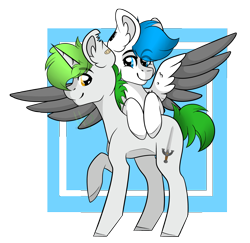 Size: 4551x4428 | Tagged: safe, artist:hellishprogrammer, oc, oc only, oc:jeremy, species:pegasus, species:pony, species:unicorn, absurd resolution, colored wings, gay, male, multicolored wings, oc x oc, shipping, stallion