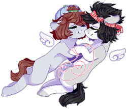 Size: 322x276 | Tagged: safe, artist:shiromidorii, oc, oc only, oc:aiden, oc:brody, species:earth pony, species:pony, backwards ballcap, bandana, baseball cap, cap, clothing, floating wings, gay, hat, male, nuzzling, oc x oc, pixel art, shipping, simple background, transparent background