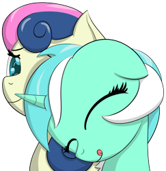 Size: 1635x1682 | Tagged: safe, artist:datapony, character:bon bon, character:lyra heartstrings, character:sweetie drops, species:earth pony, species:pony, species:unicorn, ship:lyrabon, eyes closed, female, happy, lesbian, mare, shipping, simple background, tongue out, transparent background