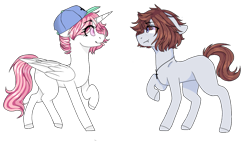 Size: 1093x617 | Tagged: safe, artist:shiromidorii, oc, oc only, oc:aiden, species:alicorn, species:earth pony, species:pony, accessory theft, cap, clothing, female, hat, male, mare, simple background, stallion, tongue out, transparent background