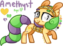 Size: 1351x993 | Tagged: safe, artist:amberpone, oc, oc only, oc:amethyst, species:bat pony, species:pony, bat eyes, cutie mark, fangs, female, food, gecko, gray, gray eyes, green, happy, hybrid, long tail, mane, mare, orange, original character do not steal, original style, pegasister, purple, shading, simple background, smiling, standing, tail, teenager, transparent background, yellow