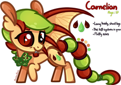Size: 1347x951 | Tagged: safe, artist:amberpone, oc, oc only, oc:carnelian, species:bat pony, species:pony, bat wings, bow tie, cute, cutie mark, drawing, fanart, female, food, fullbody, gecko, green, happy, hybrid, long tail, mane, mare, orange, original character do not steal, paint tool sai, painttoolsai, pegasister, red, red eyes, shading, short hair, simple background, smiling, standing, tail, teenager, transparent background, wings