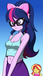 Size: 535x943 | Tagged: dead source, safe, artist:rosemile mulberry, character:sunset shimmer, character:twilight sparkle, character:twilight sparkle (scitwi), species:eqg human, my little pony:equestria girls, belly button, cat ears, clothing, cute, female, glasses, midriff, short shirt, skirt, sleeveless, tank top, twiabetes