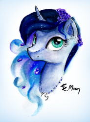 Size: 1000x1360 | Tagged: safe, artist:lailyren, artist:moonlight-ki, character:princess luna, species:pony, bust, female, flower, flower in hair, portrait, solo, traditional art, watercolor painting