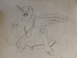Size: 960x720 | Tagged: safe, artist:chickenbrony, character:princess celestia, species:alicorn, species:pony, cake, female, food, grin, looking at you, mare, prone, sketch, smiling, solo, traditional art, wings