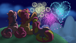 Size: 1920x1080 | Tagged: safe, artist:anscathmarcach, character:sparkleworks, species:pony, g3, 4th of july, complex background, dazzle surprise, fireworks, group, holiday, night, star shimmer