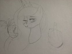 Size: 960x720 | Tagged: safe, artist:chickenbrony, character:princess luna, species:alicorn, species:pony, bust, female, food, middle finger, pineapple, portrait, sketch, solo, traditional art, vulgar