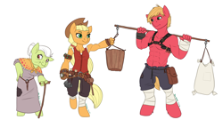 Size: 2400x1300 | Tagged: safe, artist:joan-grace, character:applejack, character:big mcintosh, character:granny smith, species:anthro, species:unguligrade anthro, abs, alternate universe, bag, belt, bucket, cane, clothing, dress, harness, hoof hands, partial nudity, rebellion, simple background, stupid sexy big macintosh, topless, white background