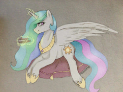 Size: 960x720 | Tagged: safe, artist:chickenbrony, character:princess celestia, species:alicorn, species:pony, cake, cakelestia, colored sketch, female, food, grin, horn, looking at you, magic, mare, prone, sketch, smiling, solo, traditional art, wings