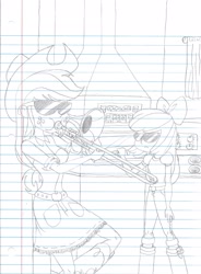 Size: 1513x2054 | Tagged: safe, artist:haleyc4629, character:apple bloom, character:applejack, my little pony:equestria girls, female, kitchen, lined paper, parody, sisters, sketch, sunglasses, traditional art, trombone, vine video, when granny smith ain't home, when mama isn't home