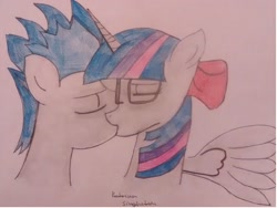 Size: 1868x1404 | Tagged: safe, artist:burning-heart-brony, artist:ilovegreendeathsalot, character:flash sentry, character:twilight sparkle, character:twilight sparkle (alicorn), species:alicorn, species:pegasus, species:pony, ship:flashlight, female, glasses, i can't believe it's not sci-twi, kissing, love, male, ribbon, shipping, straight, trace, traditional art