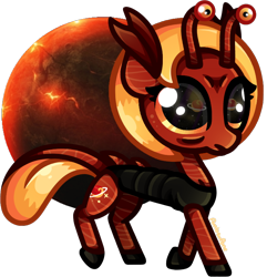Size: 740x767 | Tagged: safe, artist:amberpone, oc, oc only, alien pony, species:pony, adult, alien, armor, big eyes, contest prize, cute, cutie mark, digital art, eye reflection, eyestalks, female, four eyes, looking up, mane, mare, orange eyes, original species, original style, paint tool sai, planet, red fur, reflection, simple background, solo, space, standing, transparent background, walking