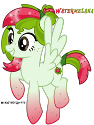Size: 1816x2404 | Tagged: safe, artist:monkfishyadopts, base used, oc, oc only, oc:watermelana, species:pegasus, species:pony, flying, freckles, gradient hooves, melon, simple background, smiling, solo, transparent background
