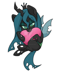 Size: 1024x1298 | Tagged: safe, artist:twisted-sketch, character:queen chrysalis, species:changeling, biting, bronycon, changeling queen, chibi, cute, cutealis, deviantart watermark, digital art, female, heart, nom, nymph, obtrusive watermark, simple background, solo, sticker, watermark, white background