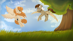 Size: 1920x1080 | Tagged: safe, artist:chickenbrony, oc, oc only, oc:megan rouge, oc:novich, species:pegasus, species:pony, colt, day, detailed background, female, green eyes, male, redhead, scenery, shipping, smiling, tree, violet eyes