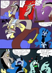 Size: 848x1200 | Tagged: safe, artist:jokerpony, character:discord, character:king sombra, character:nightmare moon, character:princess luna, character:queen chrysalis, ship:chrysombra, behind the scenes, comic, female, heart, male, shipping, straight