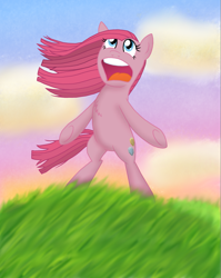Size: 2001x2520 | Tagged: safe, artist:crazynutbob, character:pinkamena diane pie, character:pinkie pie, species:pony, alternate cutie mark, alternate universe, bipedal, fanfic, fanfic art, female, grass, singing, solo, the rock farmer's daughters, windswept mane