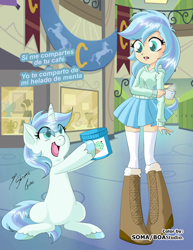 Size: 2550x3300 | Tagged: safe, artist:boastudio, artist:shinta-girl, oc, oc only, oc:frozen rose, species:pony, species:unicorn, my little pony:equestria girls, boots, clothing, colored pupils, cute, duo, equestria girls-ified, female, food, happy, hoof hold, ice cream, mare, open mouth, ponidox, self ponidox, shoes, skirt, socks, spanish, sweater, trade, translated in the comments, unshorn fetlocks