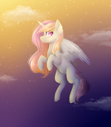 Size: 3000x3426 | Tagged: safe, artist:shiromidorii, oc, oc only, oc:lily, species:alicorn, species:pony, female, flying, high res, mare, solo, twilight (astronomy)