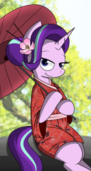 Size: 1100x2073 | Tagged: safe, artist:pandramodo, character:starlight glimmer, species:pony, species:unicorn, clothing, cute, female, flower, flower in hair, glimmerbetes, hair bun, kimono (clothing), looking at you, mare, semi-anthro, smiling, solo, umbrella