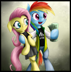Size: 900x902 | Tagged: safe, artist:rule1of1coldfire, character:fluttershy, character:rainbow dash, species:pony, bipedal, clothing, crossover, dosh, dress, harry enfield, little black dress, loadsamoney, money, rainbow dosh