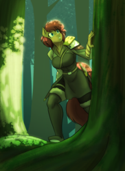 Size: 2400x3300 | Tagged: safe, artist:toughset, oc, oc only, oc:latch, species:anthro, armor, clothing, dagger, female, forest, rapier, socks, solo, story included, sword, thigh highs, tree, weapon