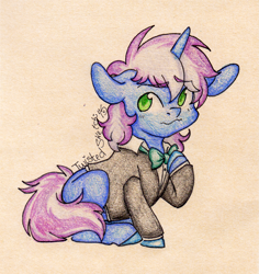 Size: 1639x1734 | Tagged: safe, artist:twisted-sketch, oc, oc only, oc:gyro tech, species:pony, species:unicorn, clothing, colored pencil drawing, colt, male, solo, traditional art, tuxedo