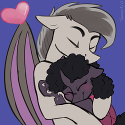 Size: 3000x3000 | Tagged: safe, artist:veesocks, oc, oc only, oc:dazzling flash, oc:wing dancer, species:bat pony, species:changeling, bat pony oc, changeling oc, cuddling, curly hair, dazzwing, heart, oc x oc, poem in the source, purple changeling, shipping