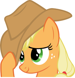 Size: 3993x4140 | Tagged: safe, artist:baumkuchenpony, character:applejack, species:earth pony, species:pony, applejack's hat, bashful, close-up, clothing, cowboy hat, female, freckles, hat, mare, simple background, solo, stetson, transparent background