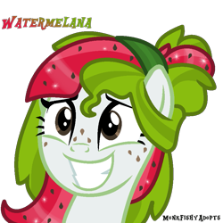 Size: 809x809 | Tagged: safe, artist:monkfishyadopts, base used, oc, oc only, oc:watermelana, species:pony, awkward smile, bust, freckles, headband, melon, portrait, simple background, smiling, solo, transparent background
