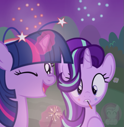 Size: 511x523 | Tagged: dead source, safe, artist:comfydove, artist:heartwarmer-mlp, artist:lil-lovey, character:starlight glimmer, character:twilight sparkle, species:pony, 4th of july, american independence day, female, fireworks, holiday, independence day, levitation, magic, mouth hold, one eye closed, open mouth, sparkler, stars, tattoo, telekinesis, wink