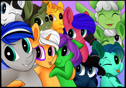 Size: 2878x2009 | Tagged: safe, artist:beashay, oc, oc only, oc:copycat, oc:jelly, oc:koi, oc:laazrus, oc:orchid, oc:rosie skylight, oc:viral, species:pony, species:unicorn, female, high res, male, mare, one eye closed, tongue out, wink