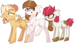 Size: 2098x1249 | Tagged: safe, artist:thepegasisterpony, oc, oc only, oc:chicken wings, oc:cocoa belle, oc:pippin apple, parent:apple bloom, parent:button mash, parent:featherweight, parent:pipsqueak, parent:scootaloo, parent:sweetie belle, parents:pipbloom, parents:scootaweight, parents:sweetiemash, species:pony, crystalverse, next generation, offspring, raised hoof, simple background, transparent background